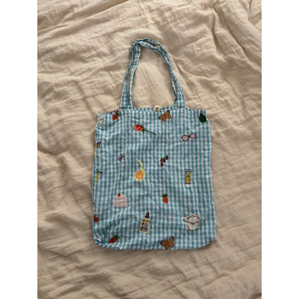 Samantha Pleet Blue Gingham Embroidered Cotton Tote Bag